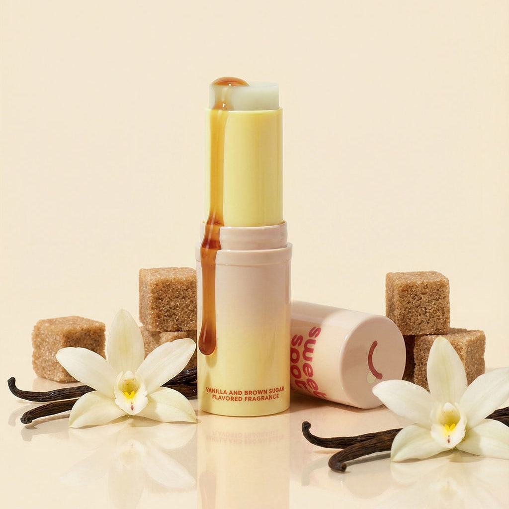 Vanilla-scented and flavored fragrance product with vanilla beans and flowers on a beige background