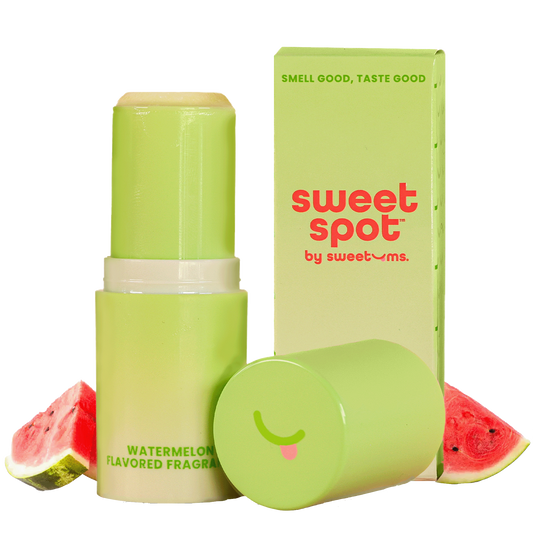 Watermelon sweet spot flavored fragrance stick with packaging and watermelon slices on a white background