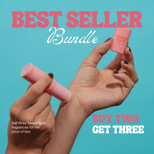 Promotional image of hands holding pink fragrance with 'Best Seller Bundle' text on a blue background.