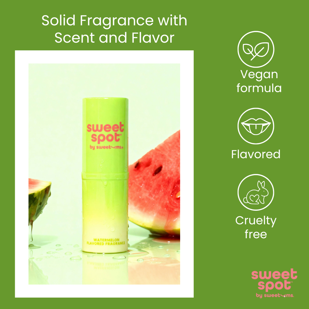 Solid fragrance product with watermelon flavor and features on a green background
