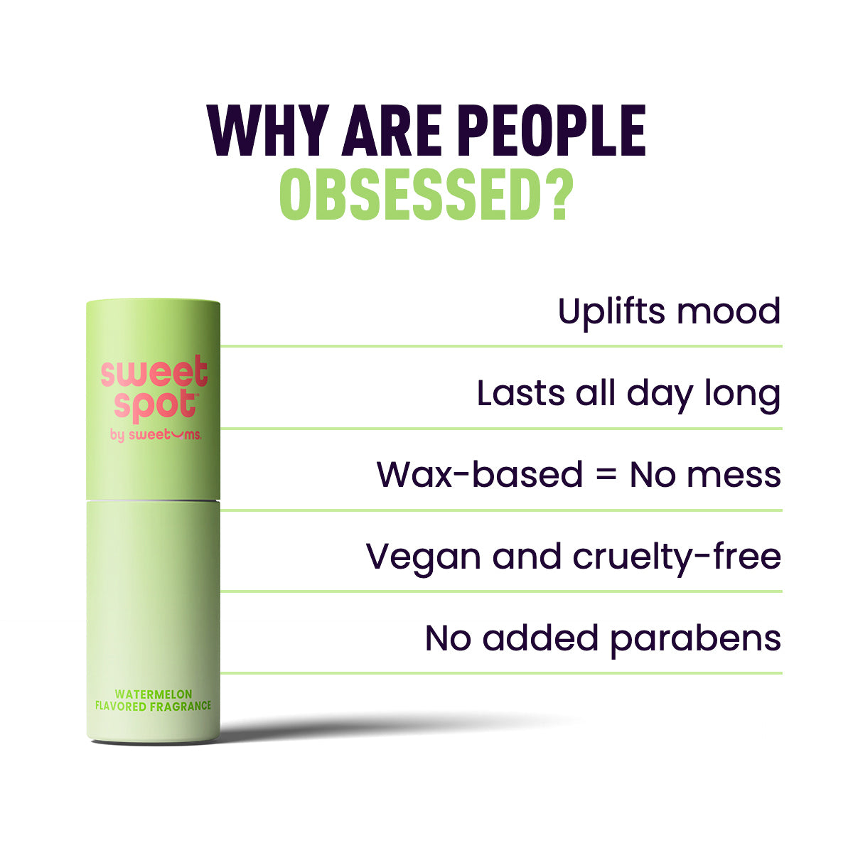 Green sweet spot fragrance on a white background with text listing benefits.