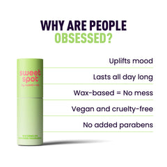 Green sweet spot fragrance on a white background with text listing benefits.