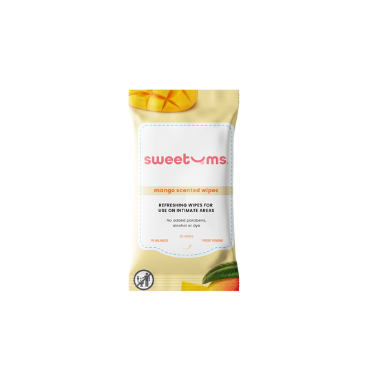 Package of sweetums mango scented wipes on a white background