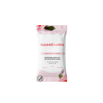 Package of sweetums rose scented wipes on a white background