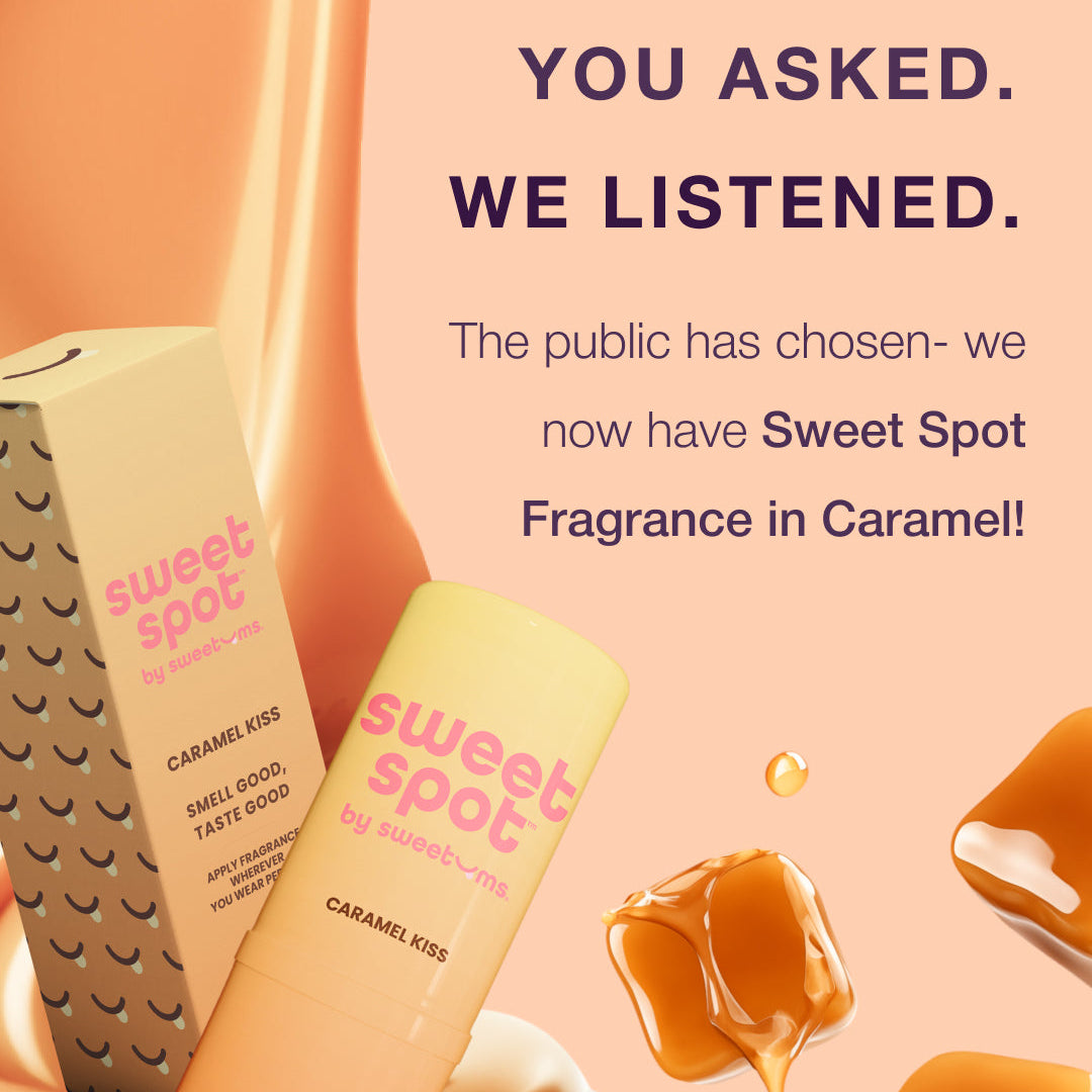 Sweet Spot Caramel flavored fragrance on a brown cream colored background