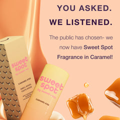 Sweet Spot Caramel flavored fragrance on a brown cream colored background