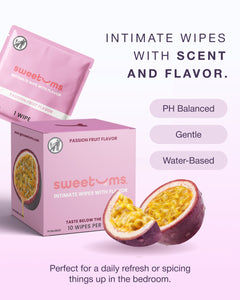 Sweetums intimate wipes packaging with passion fruit flavor on a pink background
