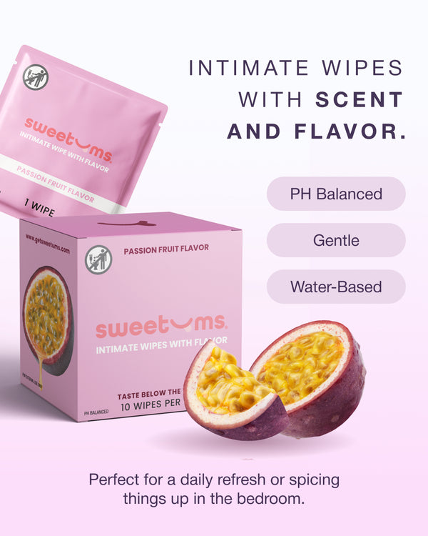 Sweetums intimate wipes packaging with passion fruit flavor on a pink background