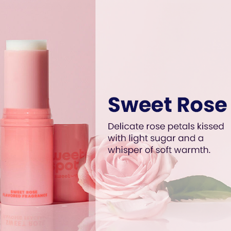 sweet spot sweet rose solid fragrance with roses on a pink background, labeled 'Sweet Rose'.