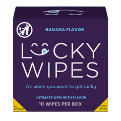 Box of Lucky Wipes with banana flavor on a white background