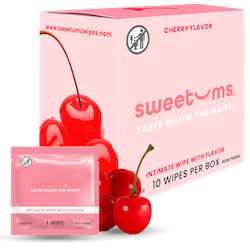 Box and single wipe of sweetums cherry-flavored intimate wipes on a white background