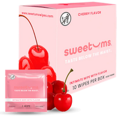 Box and single wipe of sweetums cherry-flavored intimate wipes on a white background