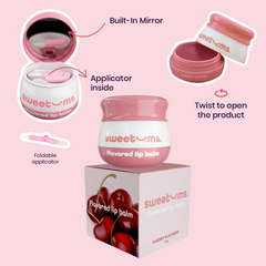 Pink flavored lip balm with packaging and features on a pink background