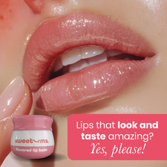 Close-up of lips with a jar of sweetums flavored lip balm. glossy lips.