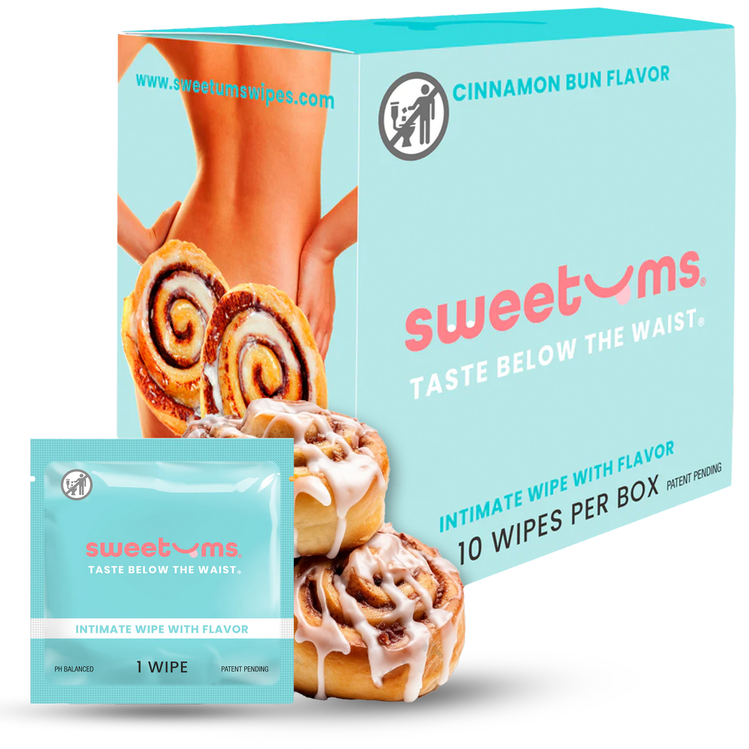 sweetums cinnamon bun flavored intimate wipes packaging with product display