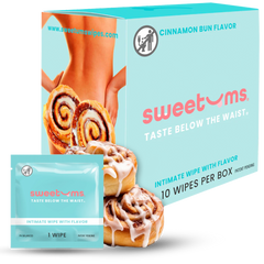 sweetums cinnamon bun flavored intimate wipes packaging with product display