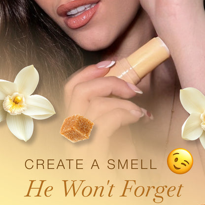 Woman holding a sweet spot solid perfume bottle with vanilla flowers and text 'Create a smell he won't forget' on a beige background.