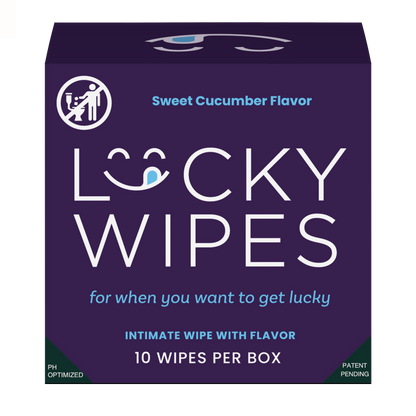 Box of Lucky Wipes with sweet cucumber flavor on a white background