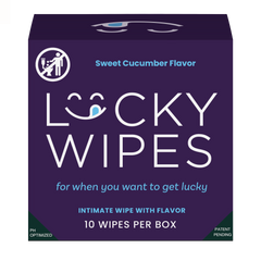 Box of Lucky Wipes with sweet cucumber flavor on a white background