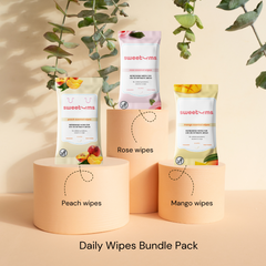 Daily Wipes Bundle Pack with  peach, rose, and mango scented feminine wipes.