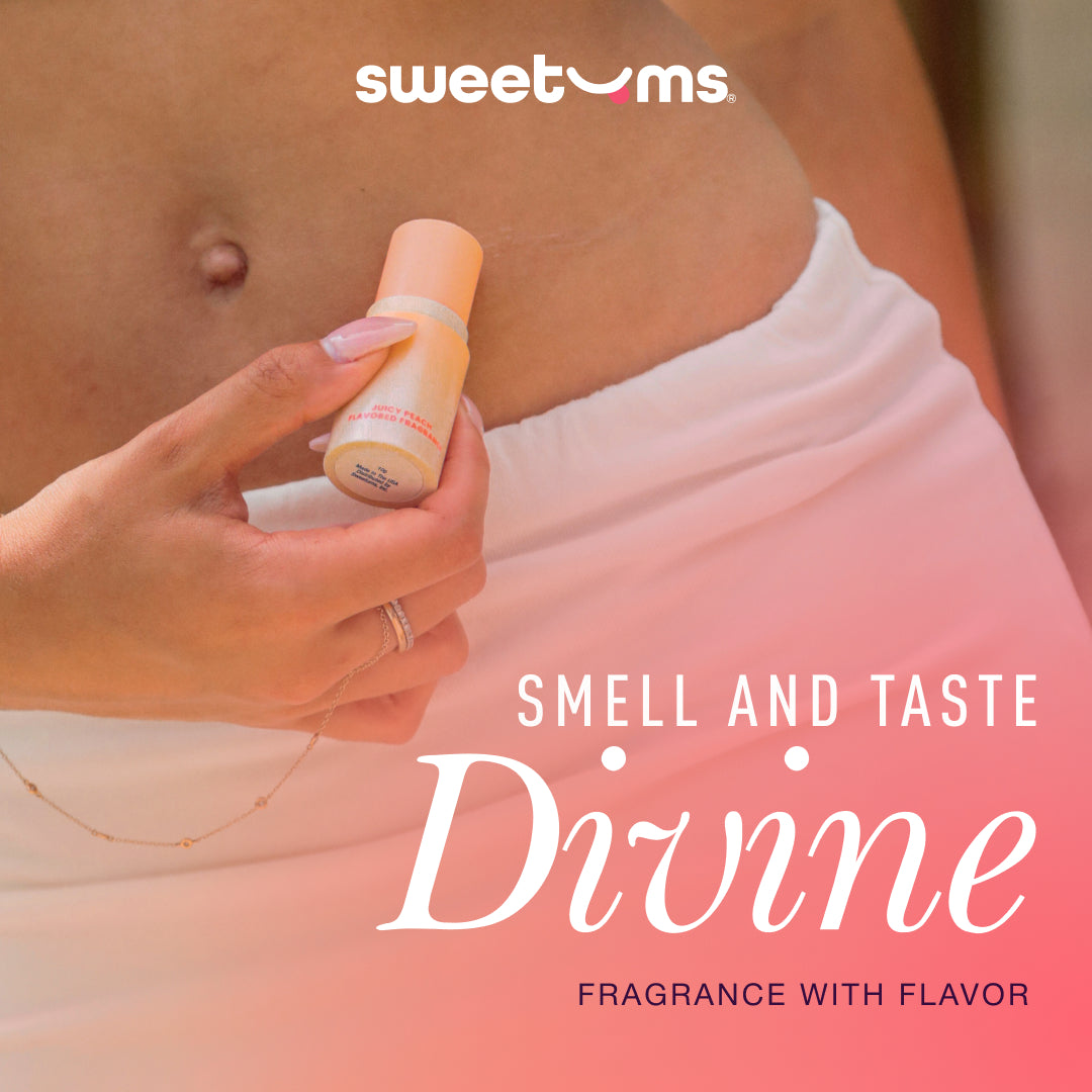 woman applying solid flavored fragrance to her waist