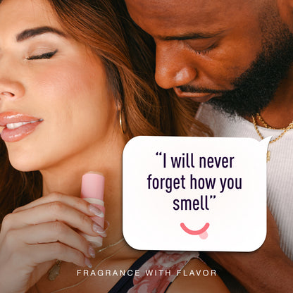 Couple with a text overlay about fragrance, with a focus on a woman holding a strawberries and cream solid flavored fragrance stick.