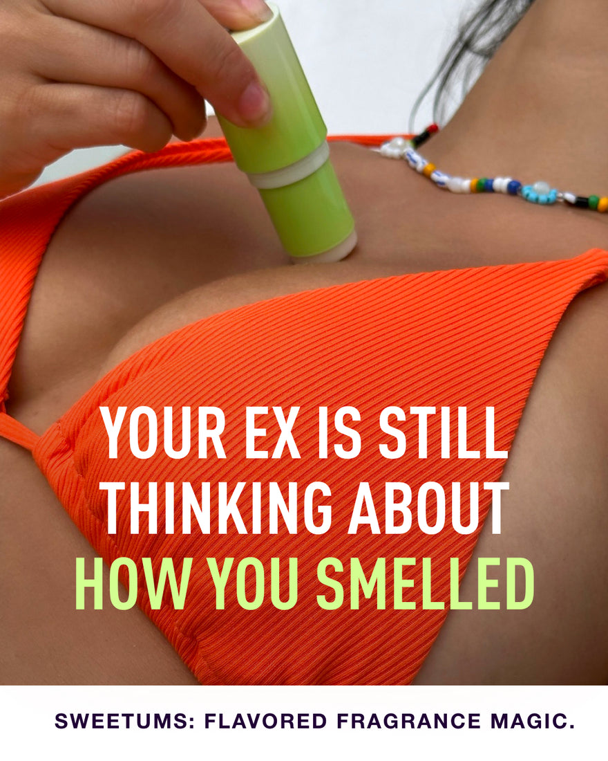 Person applying a watermelon fragrance stick of Sweetums fragrance to their chest with text overlay.