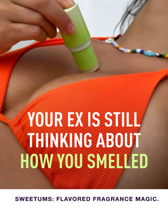 Person applying a watermelon fragrance stick of Sweetums fragrance to their chest with text overlay.