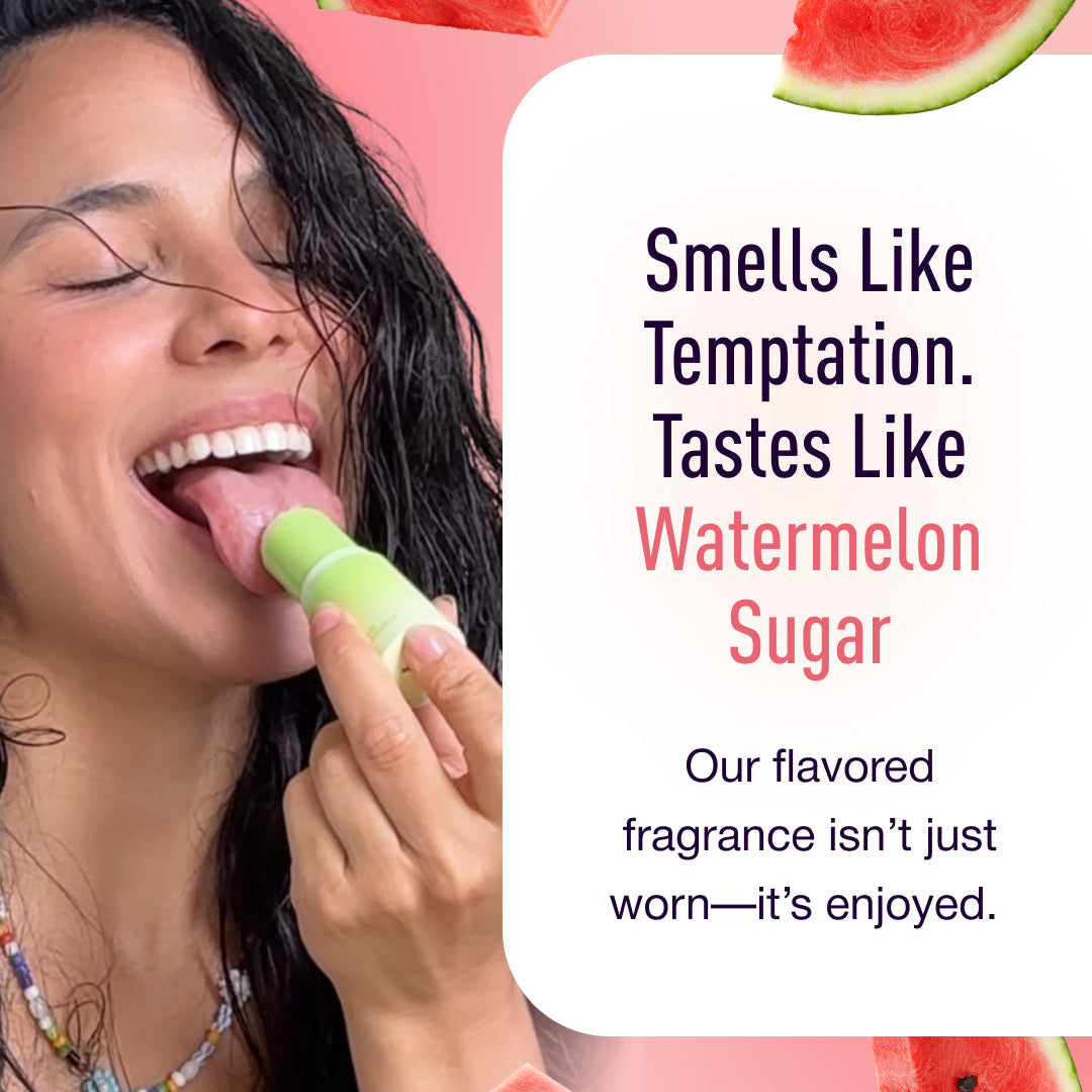Woman licking a watermelon-flavored fragrance with watermelon slices and text on a pink background