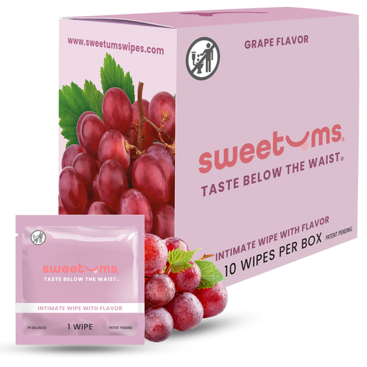 Box and single wipe of sweetums grape-flavored intimate wipes on a white background