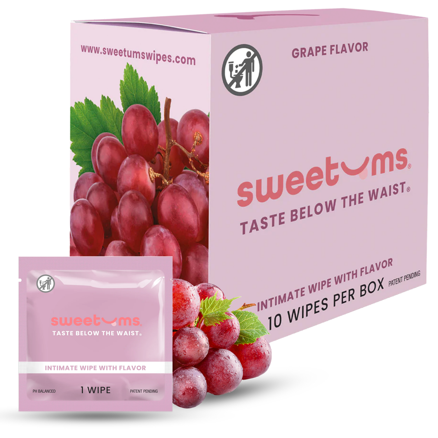 Box and single wipe of sweetums grape-flavored intimate wipes on a white background