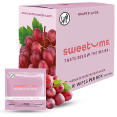 Box and single wipe of sweetums grape-flavored intimate wipes on a white background