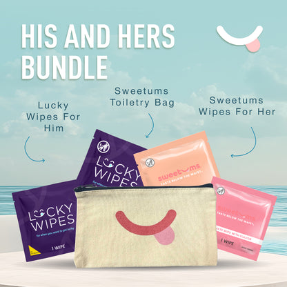 Product bundle labeled 'His and Hers' with Lucky Wipes for Him, Sweetums Toiletry Bag, and Sweetums Wipes for Her on a light blue background.