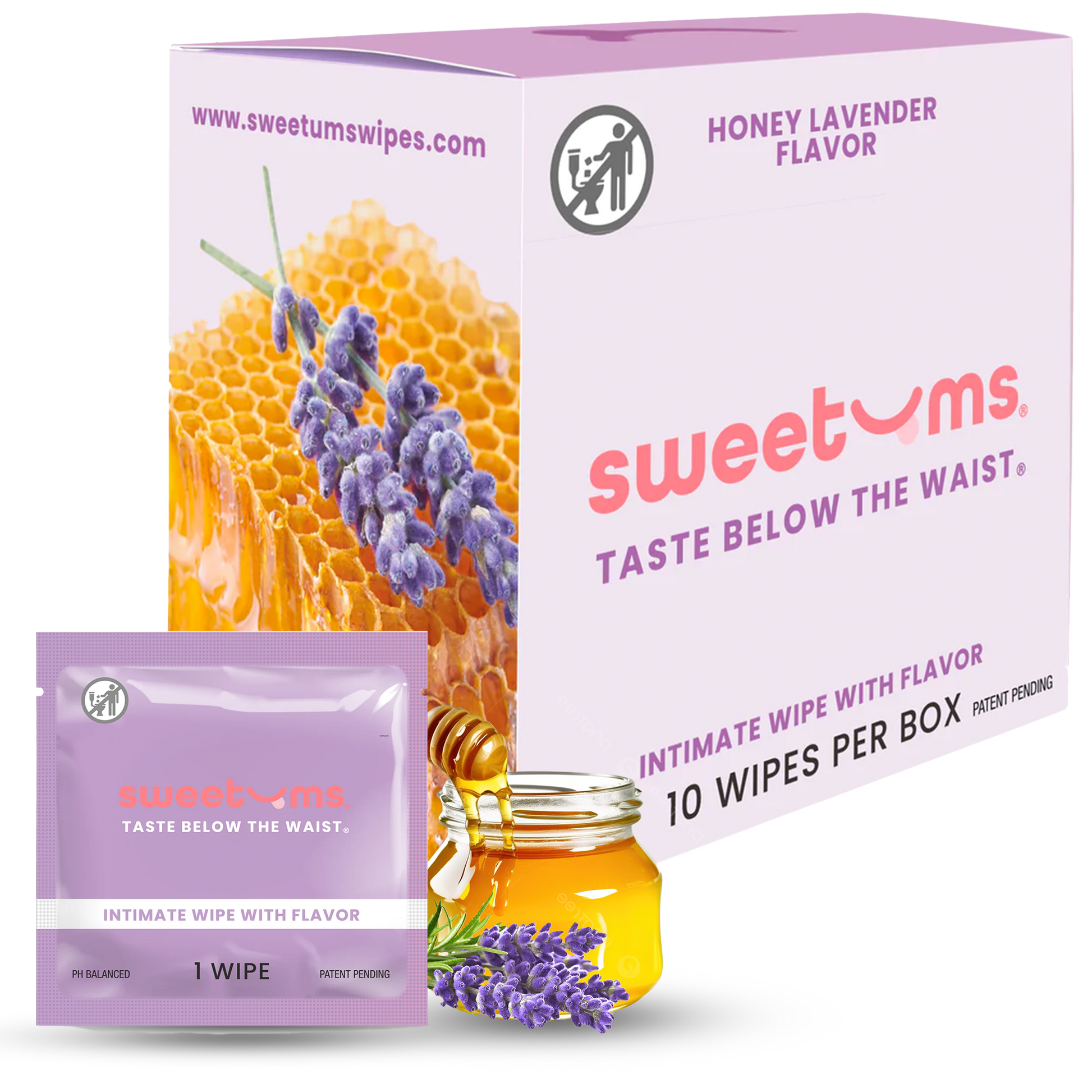 Sweetums honey lavender flavored intimate wipes packaging with honeycomb and lavender illustration.