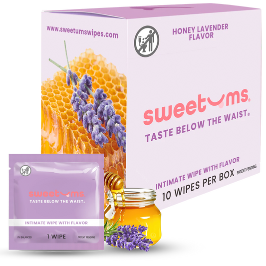 Sweetums honey lavender flavored intimate wipes packaging with honeycomb and lavender illustration.