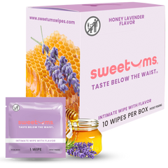 Sweetums honey lavender flavored intimate wipes packaging with honeycomb and lavender illustration.