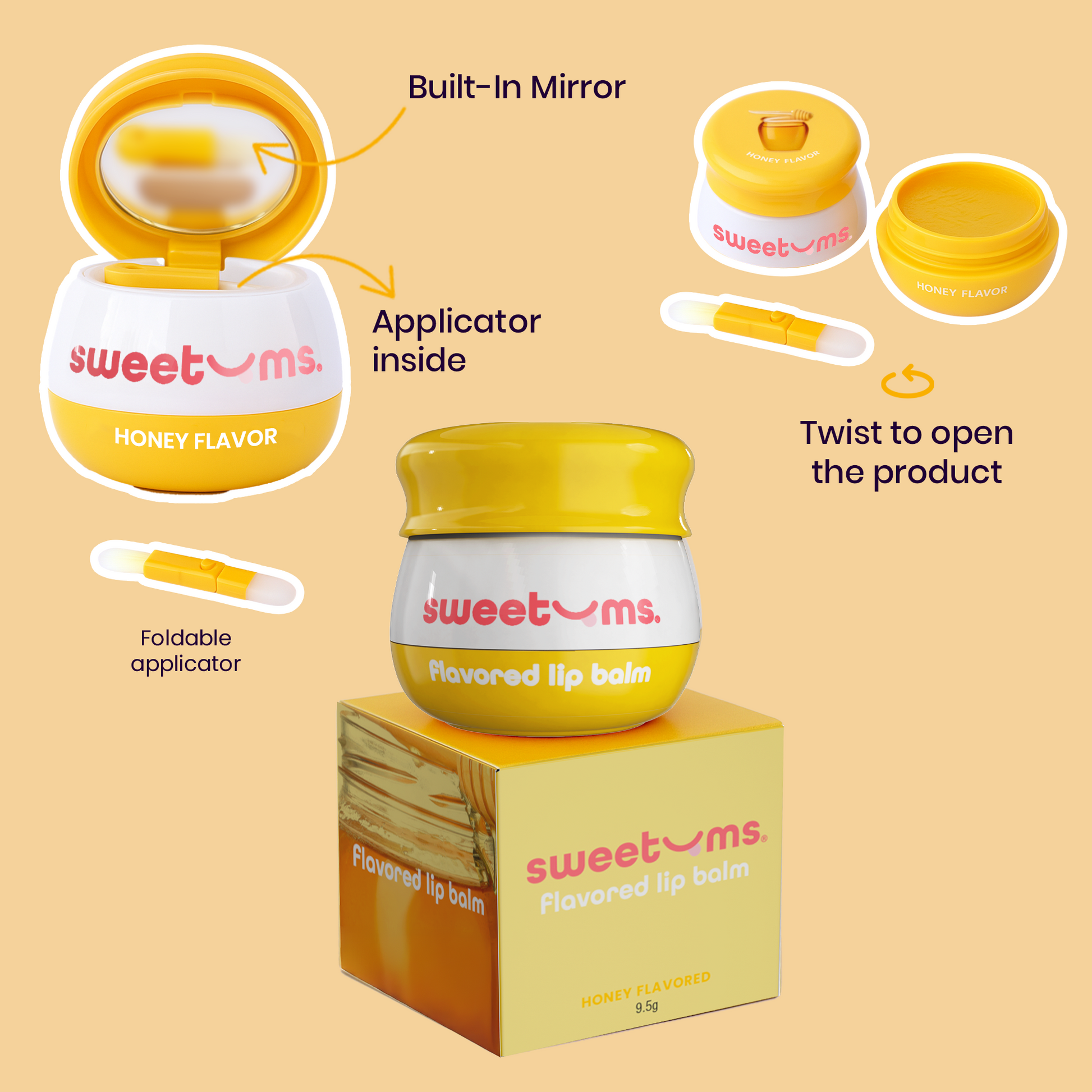Lip balm with built-in mirror and applicator on a peach background