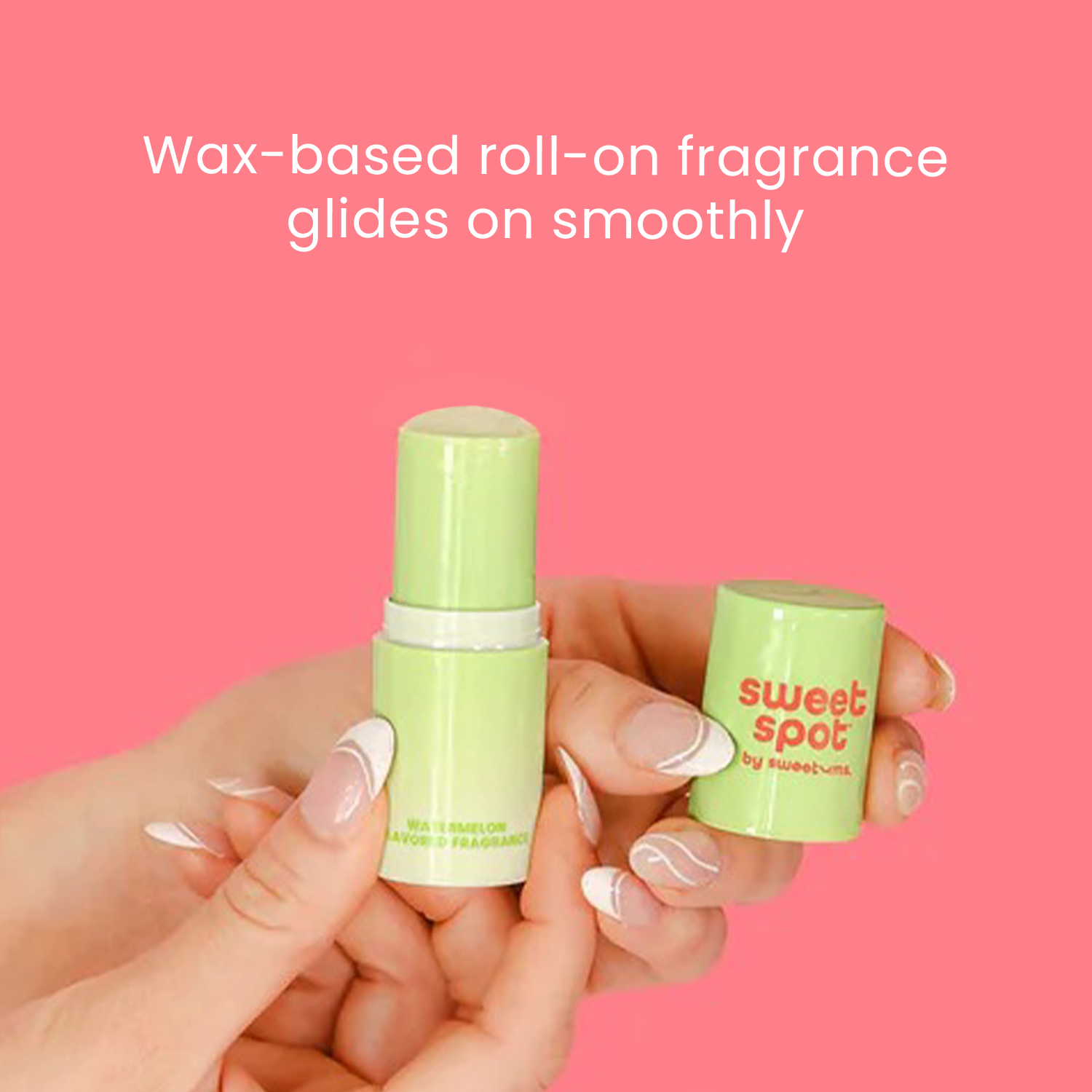 Two green roll-on fragrance bottles held by a hand against a pink background with text about wax-based roll-ons.