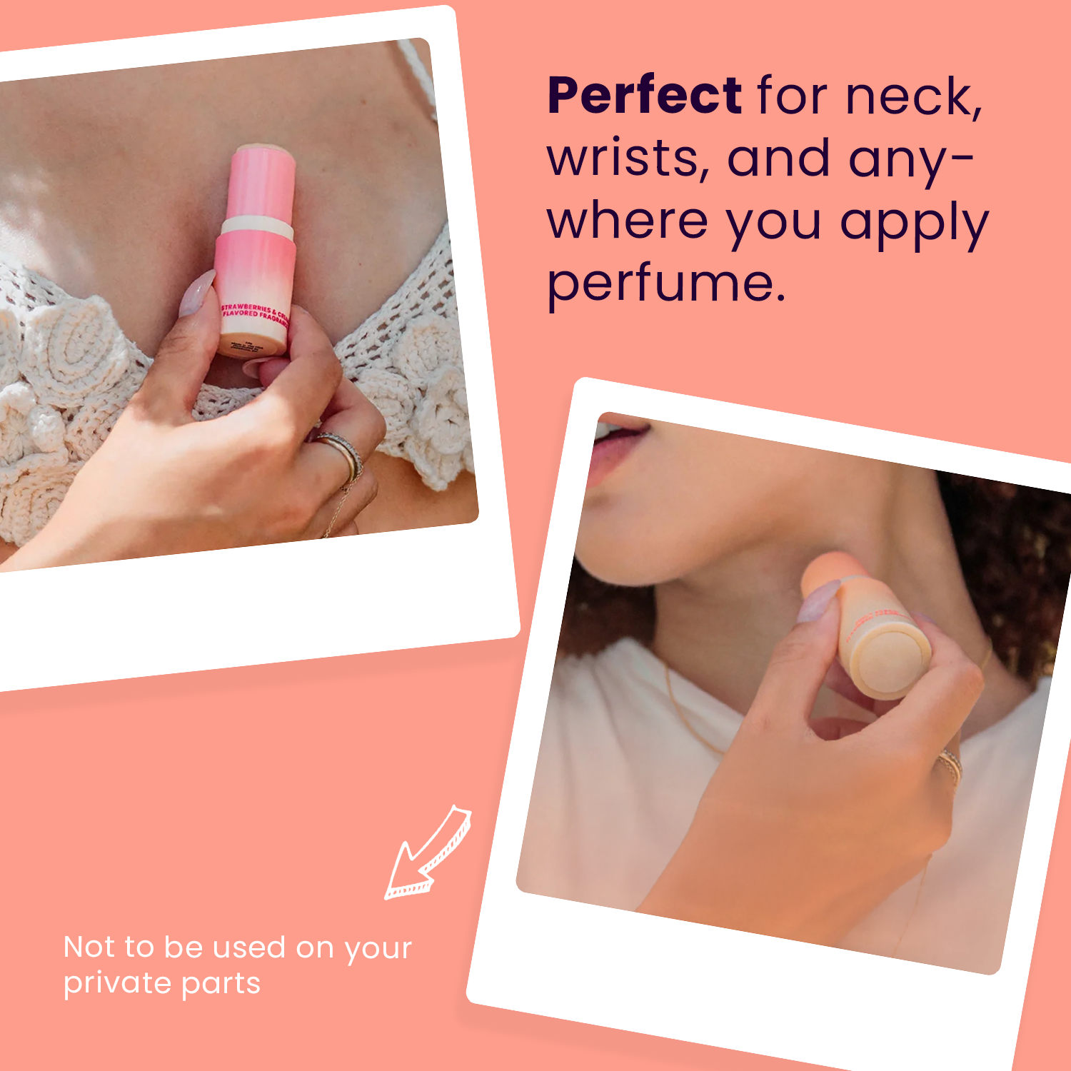 Sweet Spot fragrance product being applied to neck and wrists with text on a pink background