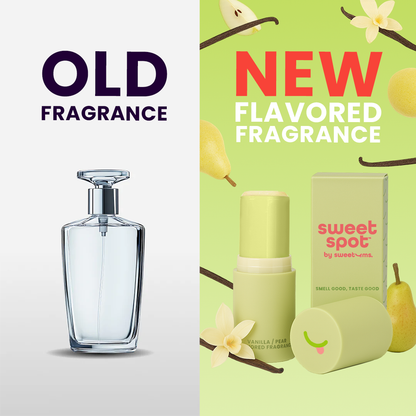 Comparison of an old fragrance bottle on a gray background with a new flavored fragrance set on a green background featuring pears and vanilla flowers.