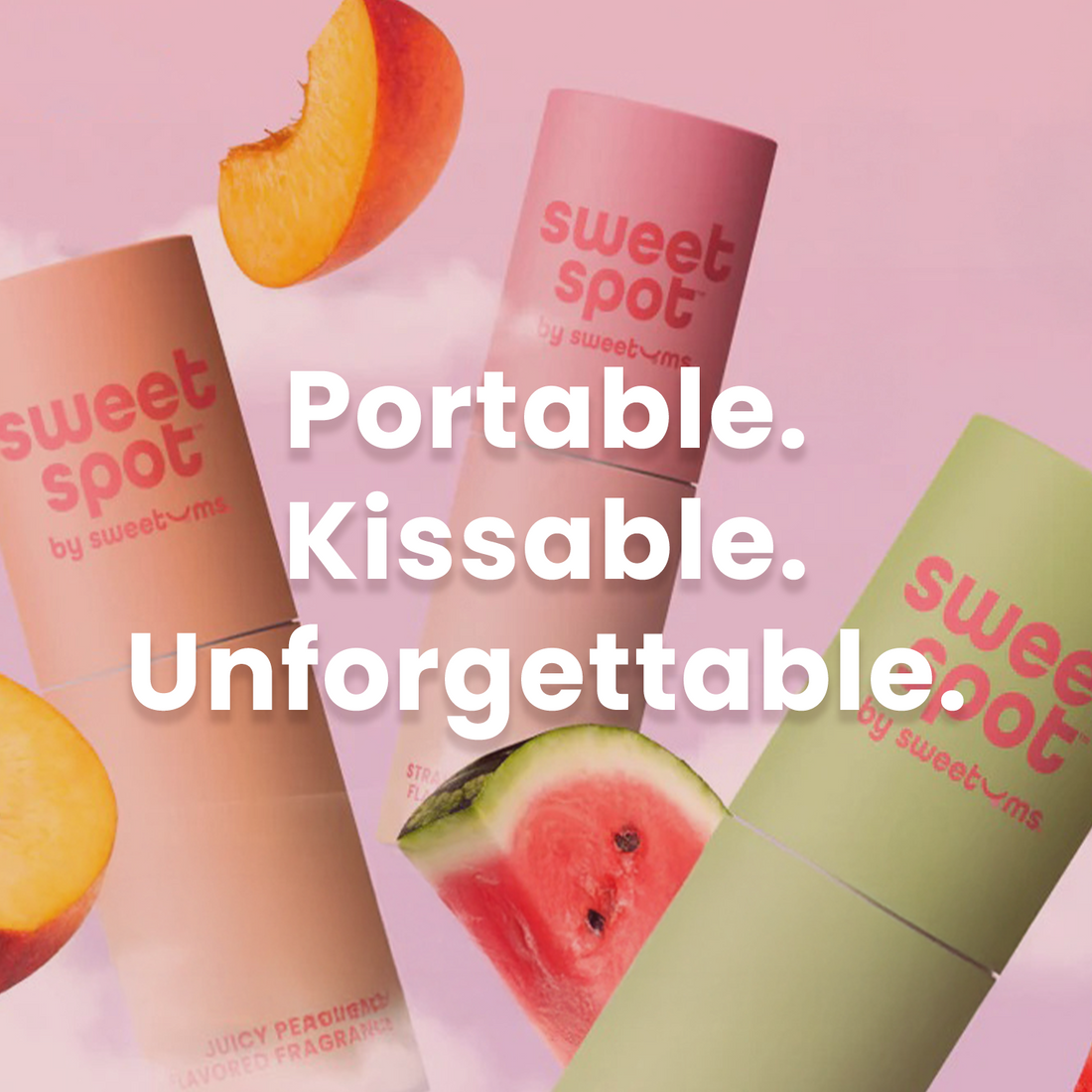 Three 'sweet spot' solid fragrance products with fruits on a pink background