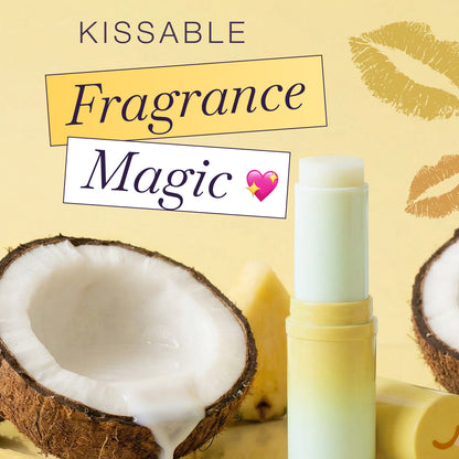 Sweet Spot solid fragrance in pineapple coconut scent and flavor with coconuts and text 'Kissable Fragrance Magic' on a yellow background