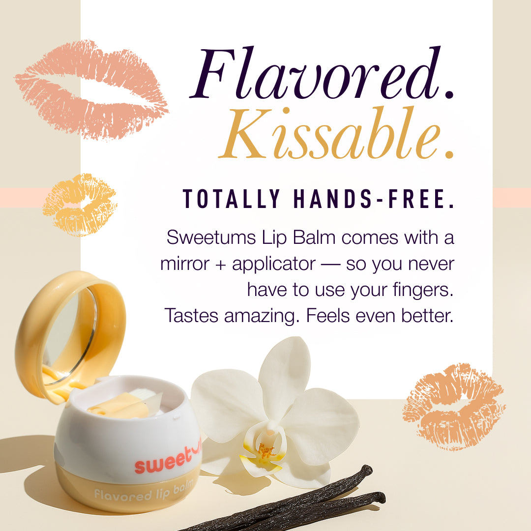 Sweetums vanilla flavored lip balm comes in a honey pot with a mirror and applicator so you dont have to use your fingers to apply the lip balm