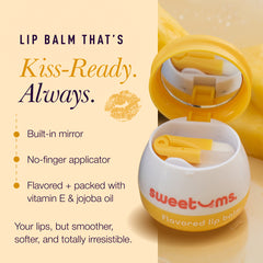 sweetums flavored lip balm comes with a mirror and applicator in a cute honey pot