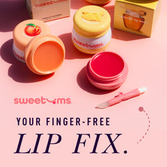Sweetums Lip balm and applicator on a pink background with promotional text.