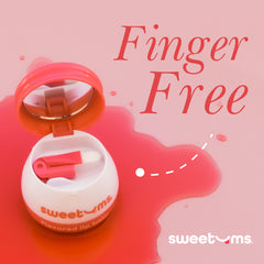 sweetums flavored lip balm is finger free- it comes with an applicator so you dont need to use your fingers to put it on