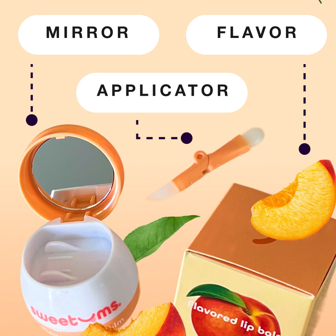 Sweetums lip balm packaging with peach slices and leaves on a beige background