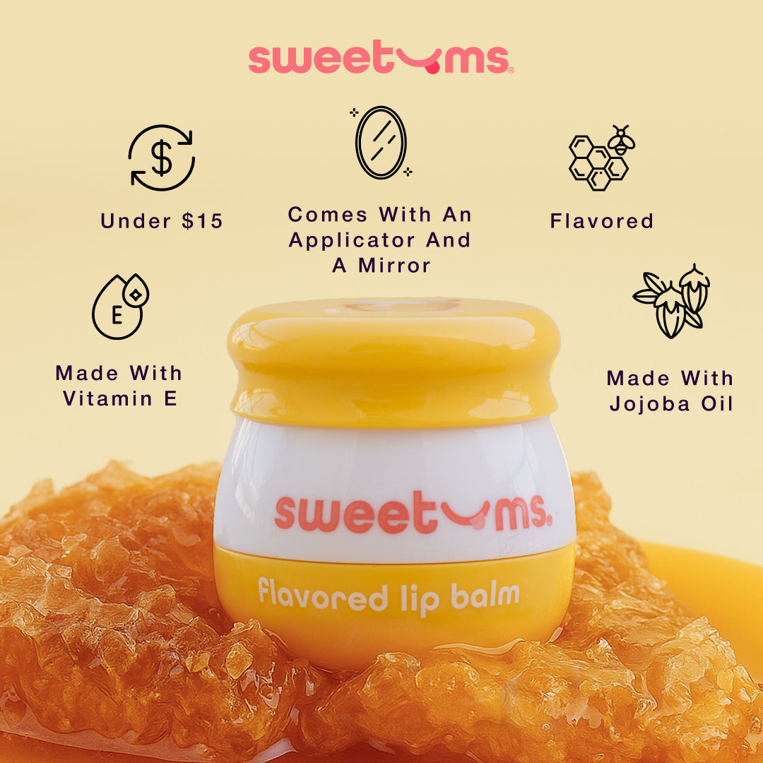 sweetums honey flavored lip balm with various qualities of the product listed