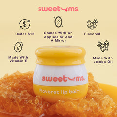 sweetums honey flavored lip balm with various qualities of the product listed
