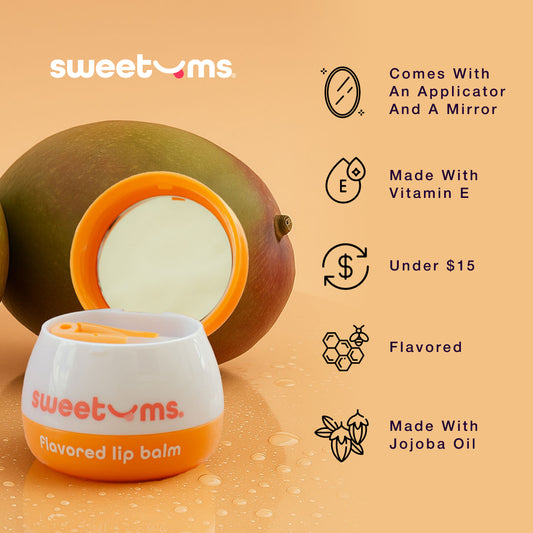 sweetums mango flavored lip balm comes with an applicator and a mirror